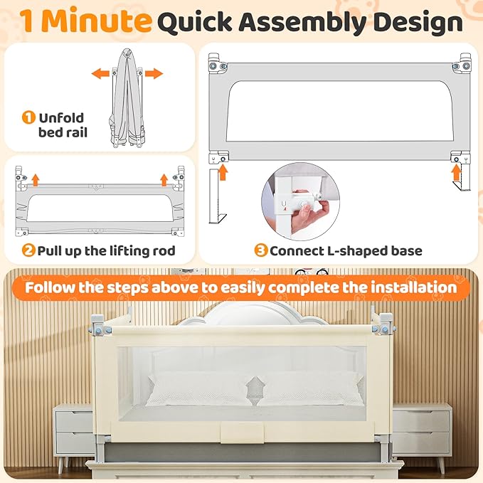 Bed Guard Rail for Toddlers - 1 Minute Quick Assembly & Double Side Lift with Safety Child Lock - Adjustable Height Baby Bed Rails for Queen King Full Size Bed(3 Packs, 78.74×78.74×74.8")