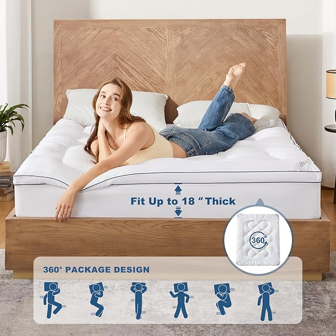 BEDLORE Queen Mattress Topper, Thick Pillow Top Pad for Back Pain Relief, Cooling Soft Mattress Cover with Deep Pockets 6-18 inch