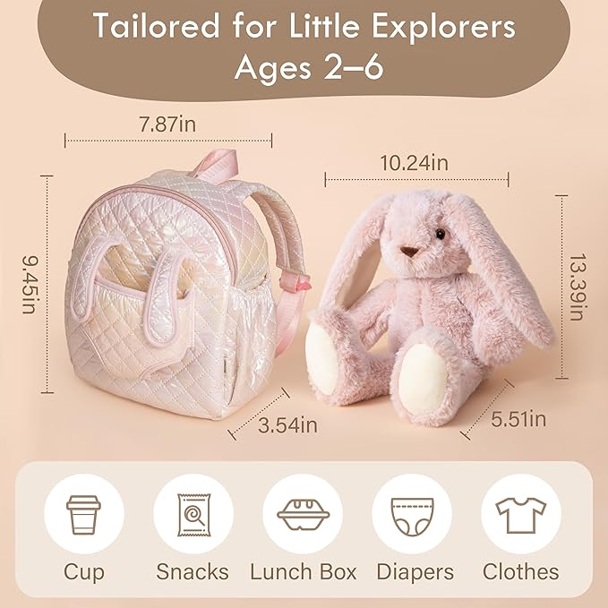 Moonkie Hug & Go™ Bunny Toddler Backpack – Soft Plush Bag with Detachable Toy for Girls Aged 2–4 | Perfect for Daycare | Travel & Birthday Gifts