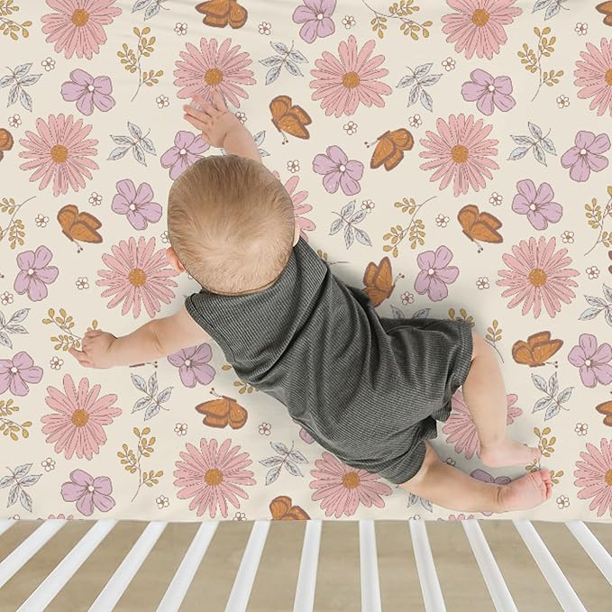 Vintage Wildflowers Butterflies Baby Crib Sheets for Boy Girl 52x28Inch Retro Blossoms Leaves Soft Snug Fitted Crib Mattress Cover Spring Summer Floral Baby Sheet for Standard Crib & Toddler Mattress