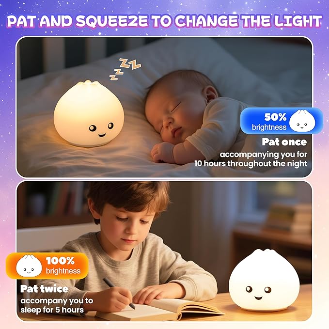loatme Night Light for Kids, Rechargeable Dimmable Silicone LED Nightlight with 7 Colors, Baby Nursery Night Lamp, Touch Squishy Lamp, Cute Gifts for Girls, Boys, Toddler Room Decor, Dumpling