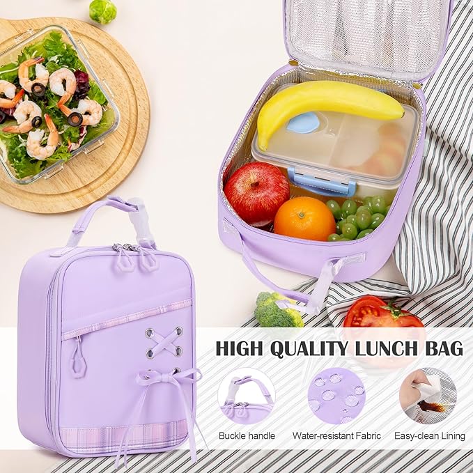DIGOBAY Backpack for Girls - 3PCS Girls Backpack with Lunch Box & Pencil Pouch Plaid School Backpacks for Elementary Middle High College School Bookbag for Teen Girl Kids Students Purple