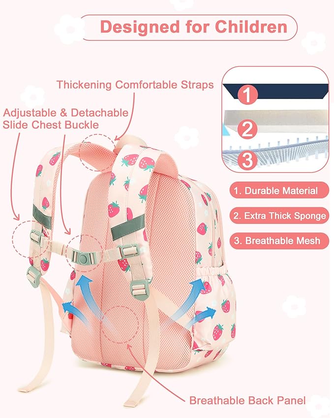 CAMTOP Toddler Backpack for Boys Girls 2-4, Kids Backpacks for Kindergarten Preschool, 12" H Small Bookbag for Daycare Travel (L - Pink Strawberry, 15"- Fit A4 Folder)