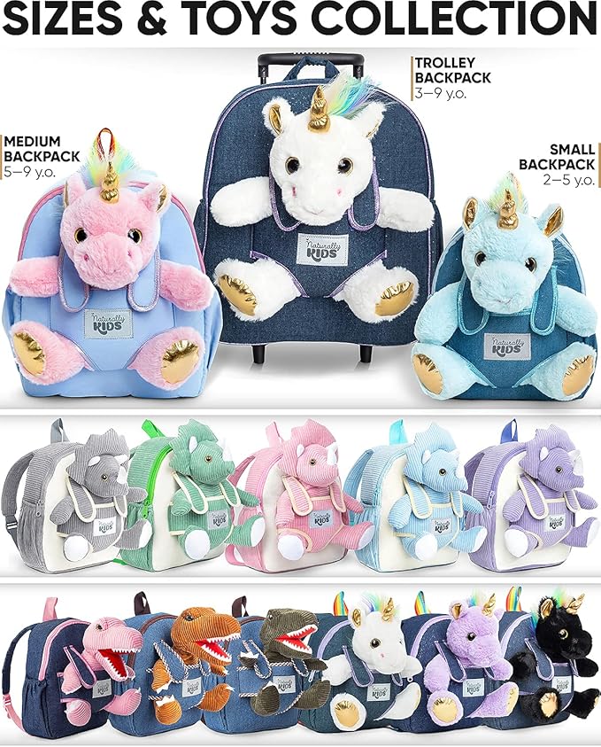 Naturally KIDS 【Upgraded】 Medium Backpack w Removable Pink Unicorn Toy for Girls Age 4-7 | Side & Inner Pockets, Reflective Logo, Name Tag | Unicorn Gifts for 5 Year Old Girls – Medium size