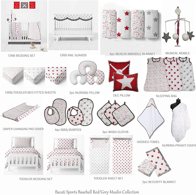 Bacati - Muslin Ikat Stars 4 Piece Boys Toddler Bedding Set 100 Percent Cotton Includes Reversible Comforter, Fitted Sheet, Top Sheet, and Pillow Case (4 pc Toddler Bedding Set, Red Stars)