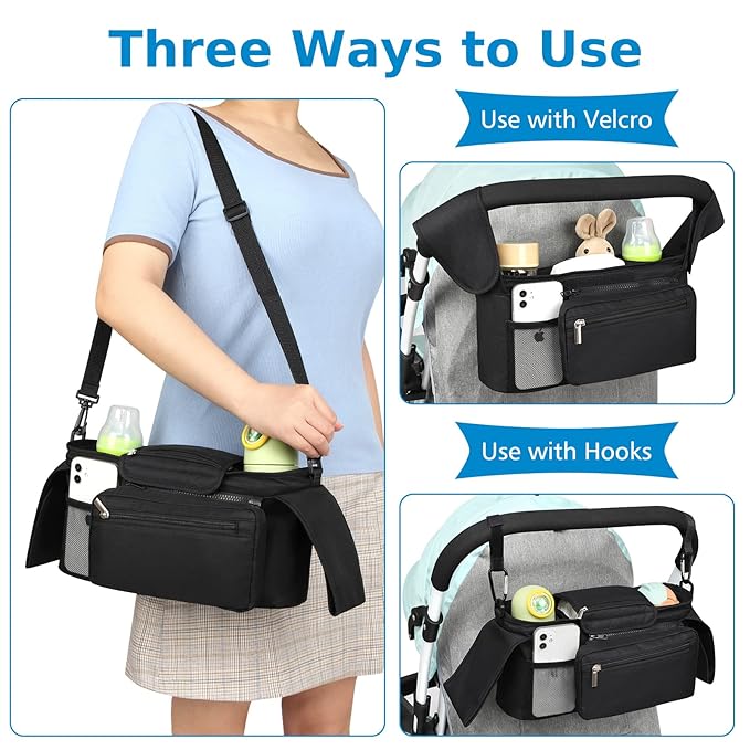 Accmor Universal Stroller Organizer with Insulated Cup Holder Detachable Phone Bag and Shoulder Strap,Stroller Bag Caddy Organizer Fits for Uppababy, Baby Jogger, Britax Strollers