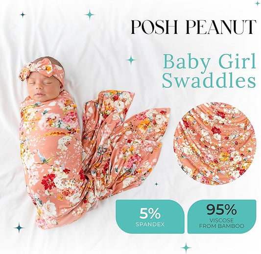 Posh Peanut Swaddle Blanket & Headband Set – Viscose from Bamboo Stretchy Baby Swaddle for Newborn Girls, Receiving Blanket or Nursing Cover