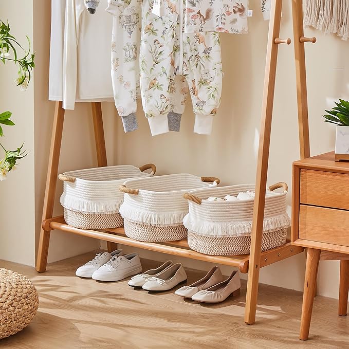 BUBUSUN Storage Bins Woven Baskets for Storage Set of 3, Cotton Rope Basket with Handles for Toys/Shelves/Laundry, Rectangle Multi-Purpose Organizer for Living Room, Bedroom, Nursery (White/Brown)