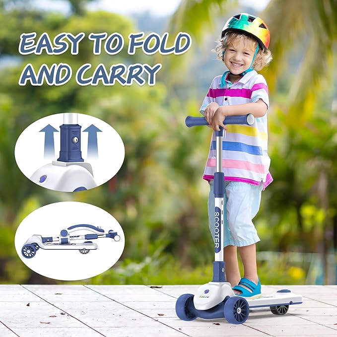 VOLPAM C001 Electric Scooter for Kids, 80W Motor, Max Safe Speed 5MPH, 3 Adjustable Height, Lean-to-Steer, 3.5" Lighted Up Wheel, Foldable Scooter for Boys & Girls, Max Load 110lbs