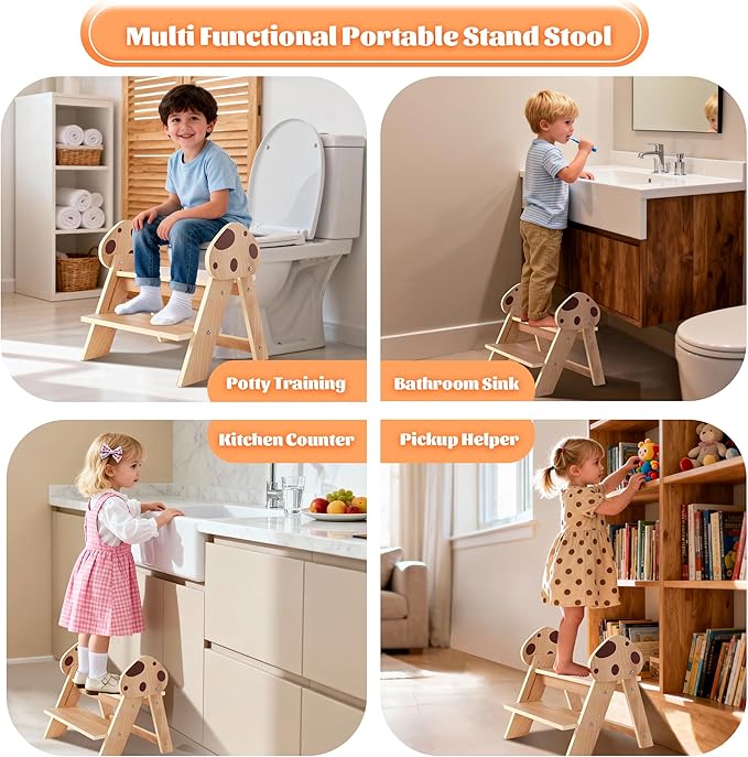 Novarieth Beech Wooden Toddler Step Stool, 2-Step Foldable Stool for Kids with Non-Slip Surface, Baby Bathroom Stool for Potty Training, Bathroom Sink, Kitchen Counter with Cute Mushroom Design