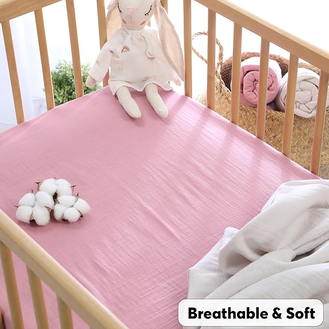 Muslin Baby Crib Sheets Fitted -Crib Sheets Neutral Turkish Cotton, Ultra Soft & Breathable -Organic Cotton Crib Sheets for Boys &Girls, GOTS &Oeko-TEX® Certified (52x28, Cotton Latte &Neutral Rose)