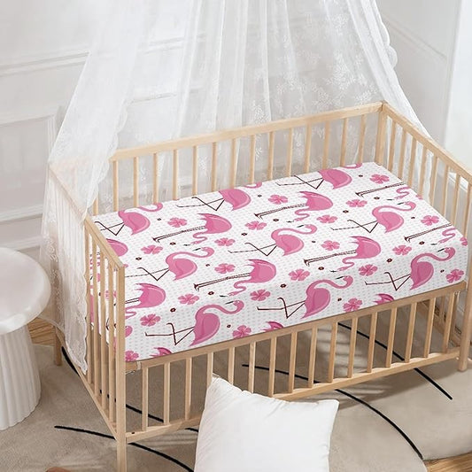 Pink Flamingos Fitted Crib Sheet for Girls Tropical Flowers Baby Sheet for Standard Crib and Toddler Cute Flamingo Nursery Bed Mattress Sheets 28"x52"