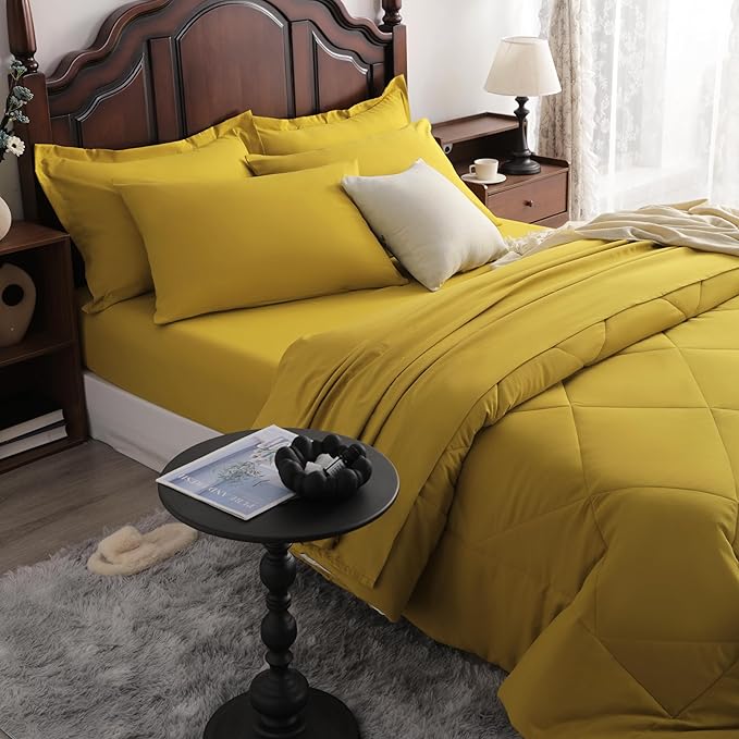 NTBAY Queen Comforter Set with Sheets, 7 Pieces Soft and Breathable Queen Bedding Set, Bed in a Bag, Down Alternative Comforter Set Solid Color All Season, Queen Bedding Set, Yellow