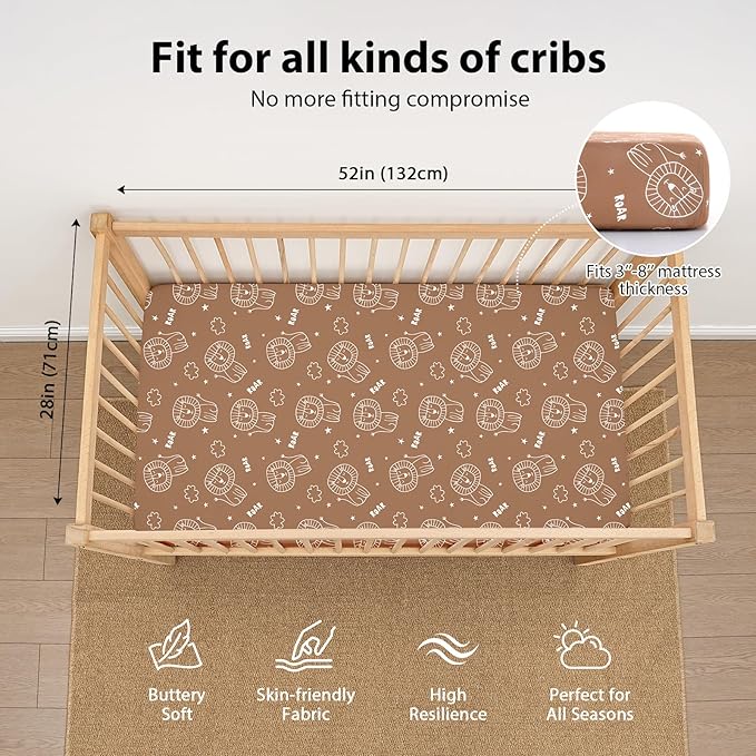 Baby Crib Sheets for Boys and Girls, 3 Pack Fitted Toddler Bed Sheets Neutral for 52”x28” Standard Crib and Toddler Mattresses, Super Soft Microfiber Brown Lion
