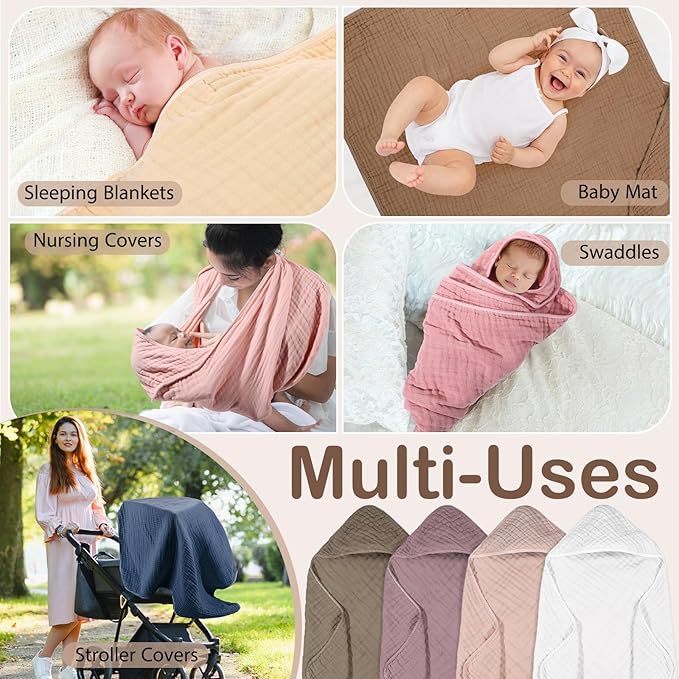 Peryiter 4 Pcs Muslin Hooded Baby Towels, 32x 32'' Cotton Newborn Bath Towel Muslin Infant Baby Blankets Absorbent Unisex Christmas Registry Gift Essentials for Girls Boys (Coffee)