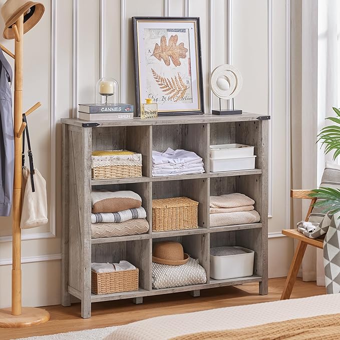 Joaxswe 9 Cube Bookcase, Farmhouse 47 Inch Wide Grey Oak Bookshelf, Wooden 3 Tier Display Large Open Book Shelf, Vintage Horizontal Book Case for Home Office, Cubby Storage Cabinet for Living Room
