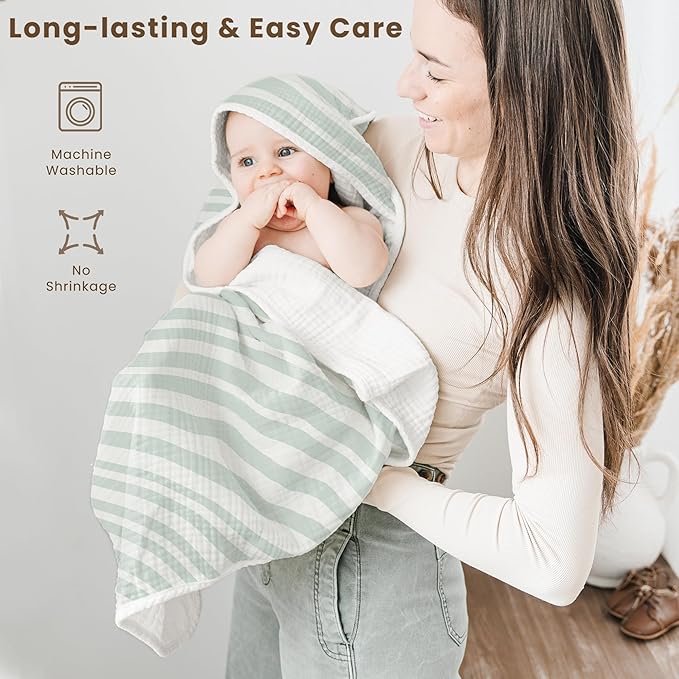 Konssy 2-Pack Muslin Hooded Baby Towels, 100% Cotton, Ultra-Soft & Absorbent Baby Bath Towels with Hood for Newborn & Infant (Green, Stripe, 32" x 32")