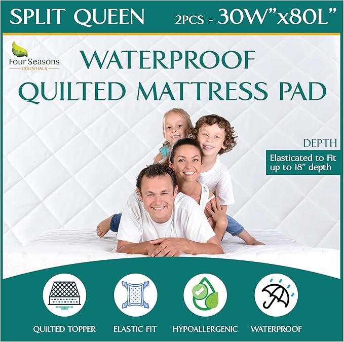 Split Queen Size Waterproof Mattress Pad - Fitted Mattress Protector with Quilted Pillow Top Mattress Topper - Premium Quality Hypoallergenic Mattress Cover (30x80 x 2 pcs) for Split Mattresses