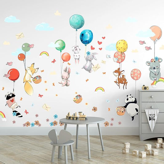Hot Air Balloon Wall Decals by Lipastick - Peel and Stick Animal Stickers Raccoon, Fox, Koala, Panda for Kids Room, Nursery, Playroom, Bedroom - Removable Wall Decor for Boys, Girls, Babies - L Size