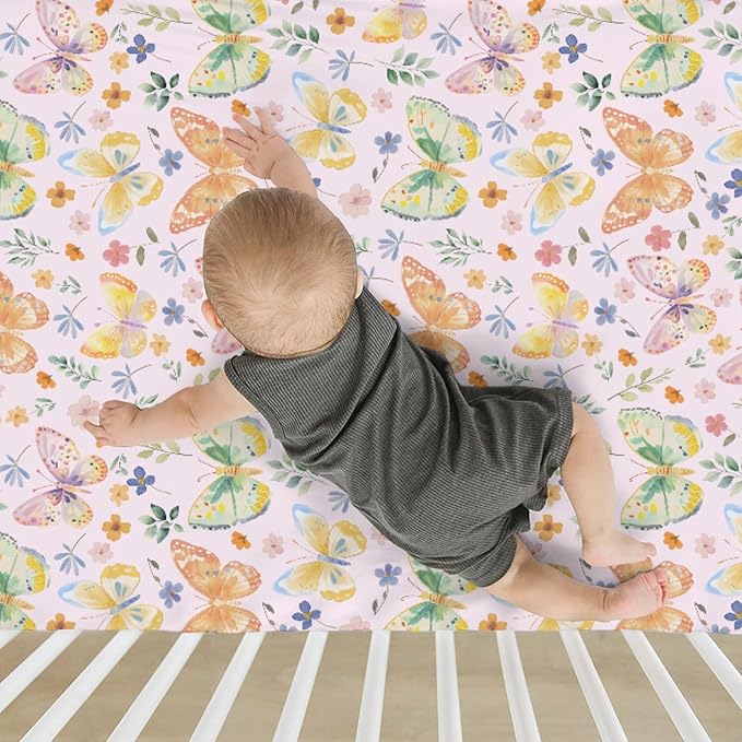 Watercolor Butterflies Spring Floral Baby Crib Sheets Boy Girl 52"x28" Pastel Flowers Leaves Soft Stretchy Fitted Crib Mattress Cover Easter Garden Baby Sheet for Standard Crib and Toddler Mattress
