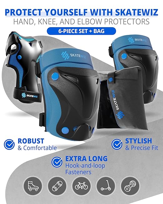 SKATEWIZ Knee Pads for Kids - Knee and Elbow Pads Set - PROTECT-1 - Size M Blue - Wrist Guards Skating Protective Gear, Skateboard, Roller Skate, Ice Skates For Kids