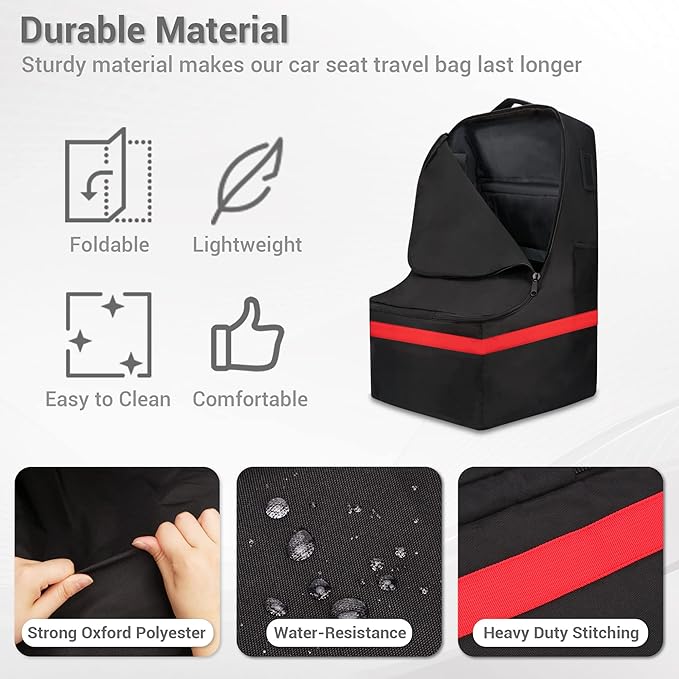 ProFaster Car Seat Travel Bag - Padded, Comfortable, Durable, Roomy Gate Check Carseat Cover Backpack Fits 3-in-1，Convertible, Booster & Infant Car Seats for Airplane, Airport, Red