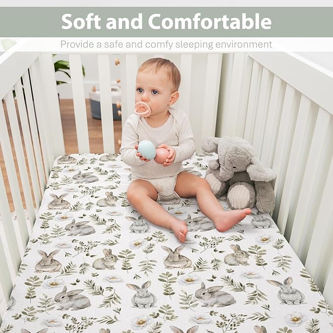 Watercolor Bunny Leaves Baby Crib Sheets for Boy Girl 52"x28" Spring Rabbits Flowers Soft Snug Fitted Crib Mattress Cover Animal Nursery Baby Sheet for Standard Crib & Toddler Bed Mattress