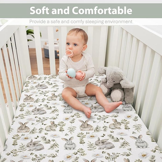 Watercolor Bunny Leaves Baby Crib Sheets for Boy Girl 52"x28" Spring Rabbits Flowers Soft Snug Fitted Crib Mattress Cover Animal Nursery Baby Sheet for Standard Crib & Toddler Bed Mattress
