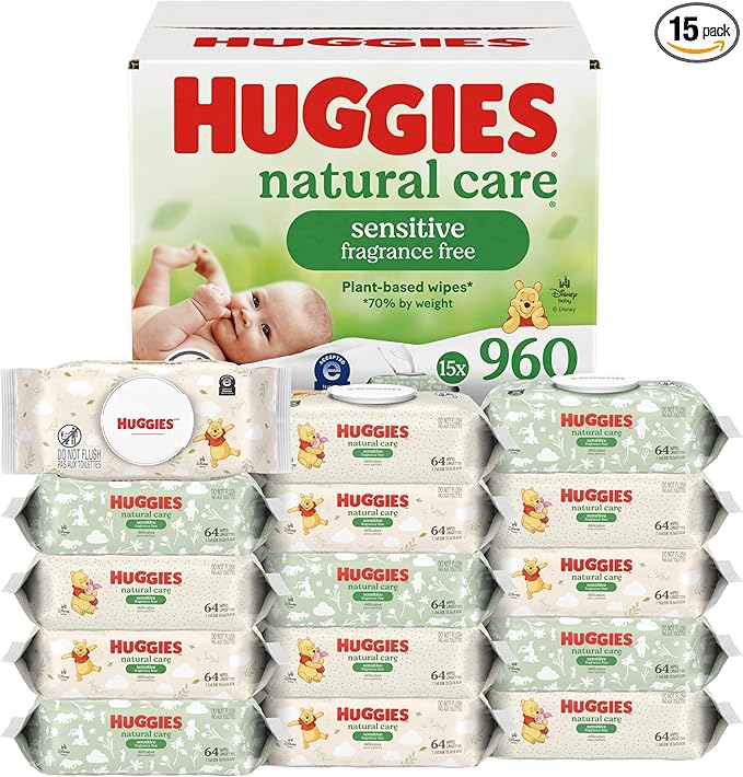 Huggies Natural Care Sensitive Baby Wipes, Unscented, Hypoallergenic, 99% Purified Water, 15 Flip-Top Packs (960 Wipes Total)