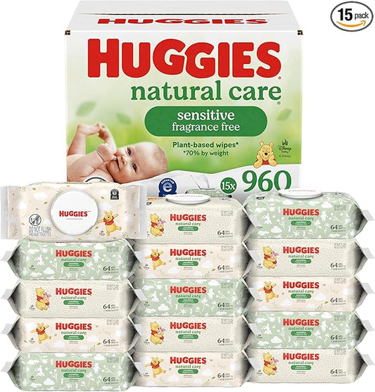 Huggies Natural Care Sensitive Baby Wipes, Unscented, Hypoallergenic, 99% Purified Water, 15 Flip-Top Packs (960 Wipes Total)
