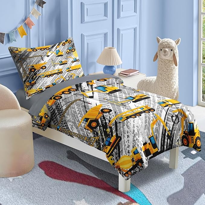 Nesker 4 Pcs Comforter Set Toddler Size, Cartoon Yellow Vehicle Bedding for Kids Teen, Trucks Construction Bed Sheet with Pillowcase & Sham