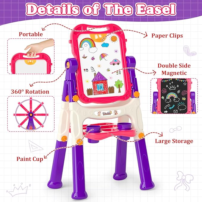 Easel for Kids,Toddler Toys for 3+ 4 5 Year Old Girl Gifts,Double Sided Magnetic Kid Art Ease,Dry Erase Drawing Painting Board,Toddler Easel Learning Toys for 3+ 4 5 Girl Birthday Christmas Gifts