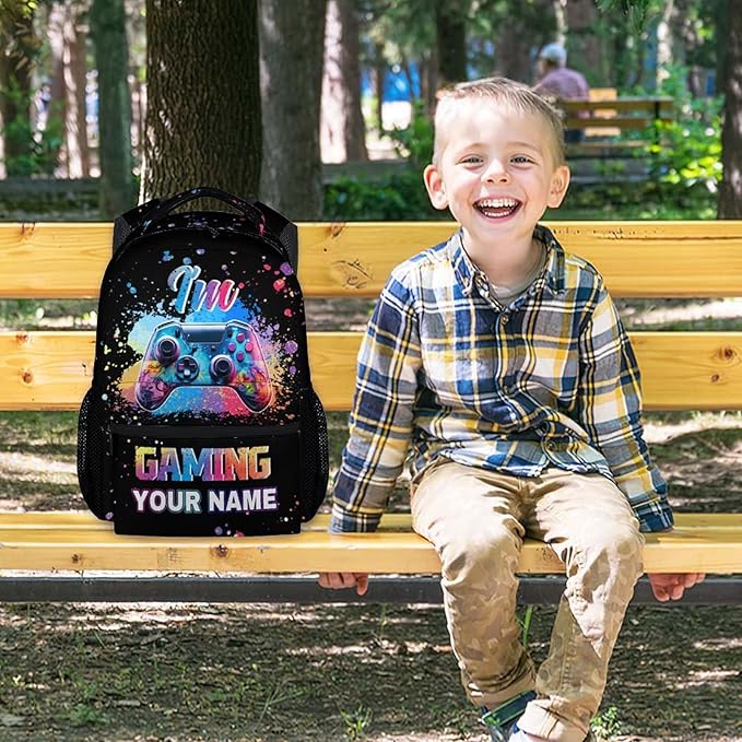 COZYAURA Personalized Kids Backpack - 17 Inch Video Gamer Bookbag for Boys - Durable Black Gaming School Bag for Elementary & Travel