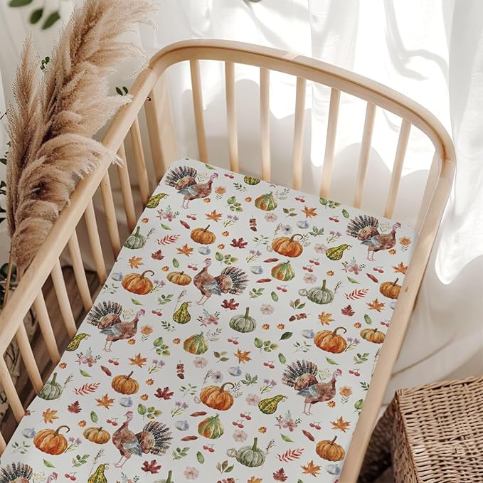 Thanksgiving Turkey Pumpkins Baby Crib Sheets for Boy Girl 52"x28" Vintage Autumn Leaves Soft Stretchy Fitted Crib Mattress Covers Fall Harvest Baby Sheet for Standard Crib and Toddler Bed Mattress