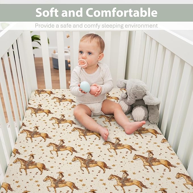 Retro Western Cowgirl Stars Baby Crib Sheets for Boy Girl 52"x28" Vintage Cowgirl Love Soft Stretchy Fitted Crib Mattress Cover Wild Desert Baby Sheet for Standard Crib and Toddler Bed Mattress