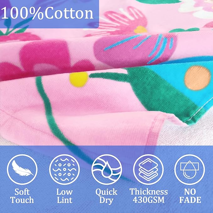 VOOVA & MOVAS Todder Beach Towel with Hood, (3-8 Years, 30''X50),Absorbent 100% Cotton Towel Wrap for Boys, Perfect for Toddler Beach, Pool, Bath, Swimming, Flower Butterfly