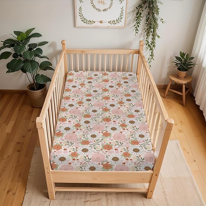 Boho Floral Print Baby Crib Sheets for Boy Girl 52x28Inch Neutral Flowers Soft Stnug Fitted Crib Mattress Cover Wildflower Garden Spring Summer Nursery Baby Sheet for Crib and Toddler Bed Mattresses