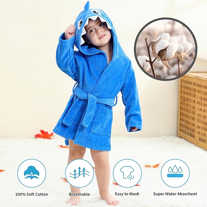 MICHLEY Girls Boys Robe Cotton Towel Baby Animal Dinosaur Style Hooded Bathrobe
