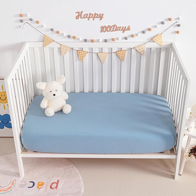 NTBAY 2 Pack Muslin Cotton Mini Crib Sheets, Soft and Breathable Double Layer 24x38 Baby Crib Sheets for Mini Crib and Toddler Mattresses, Boys, Girls, Unisex, Sky Blue, 24x38 Inches