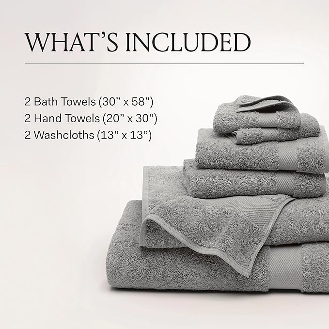 BOLL & BRANCH Plush Bath Towel Set - Shore - 6 Piece - Includes 2 Bath Towels, 2 Hand Towels & 2 Washcloths - 100% Organic Cotton - Ultra Soft & Luxurious - Quick Absorbing