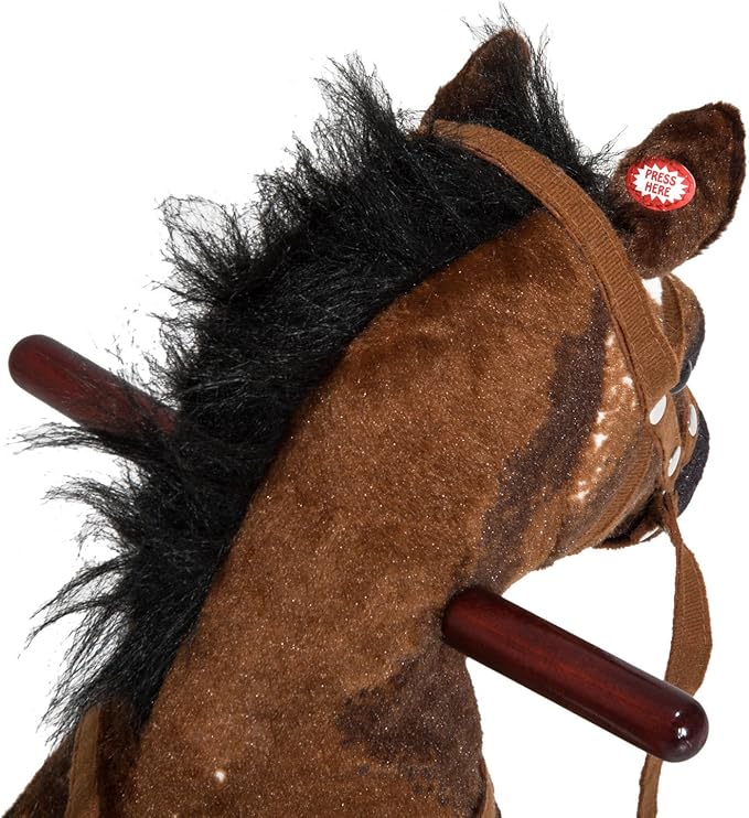 Qaba Kids Wooden Plush Ride-On Rocking Horse Chair Toy with Realistic Sounds Dark Brown/White