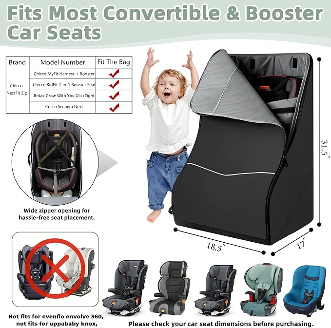 DerBiedersinn Car Seat Travel Bag for Airplane – Waterproof Heavy Duty Carseat Backpack for Gate Check or Airport Travel – Fits Infant, Convertible & Booster Seats, Black