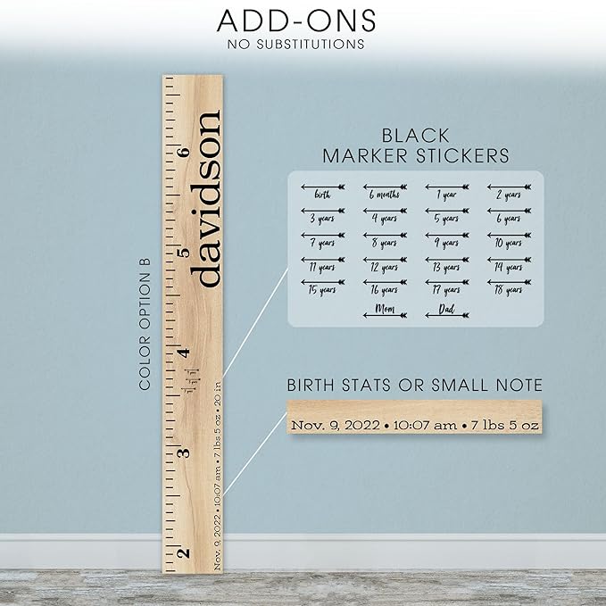 Wooden Kids Growth Height Chart Ruler for Boys and Girls Painted or Engraved (Classic Print)