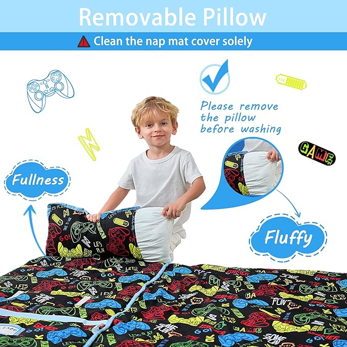 Toddler Nap Mat with Pillow and Blanket, Extra Large Rolled Napping Mats,Slumber Bags for Boys Girls,Kids Sleeping Bag for Daycare, Preschool Travel Camping