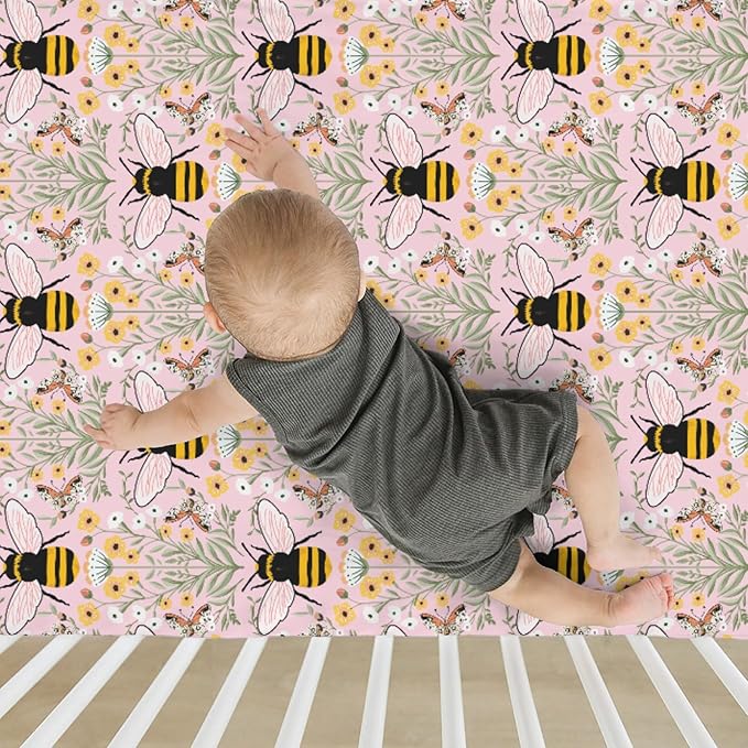 Bee Honey Garden Pink Baby Crib Sheets for Boy Girl 52"x28" Boho Floral Bees Honey Butterflies Soft Snug Fitted Crib Mattress Covers Spring Summer Baby Sheet for Standard Crib & Toddler Bed Mattress