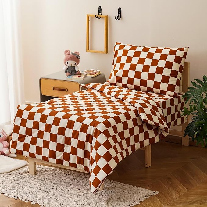 CLOTHKNOW 4 Pieces Plaid Toddler Bedding Sets for Boys, Brown Beige Bear Cartoon Pattern, Soft Crib Bed Set Including Comforter, Flat Sheet, Fitted Sheet and Pillowcase, Brown Beige