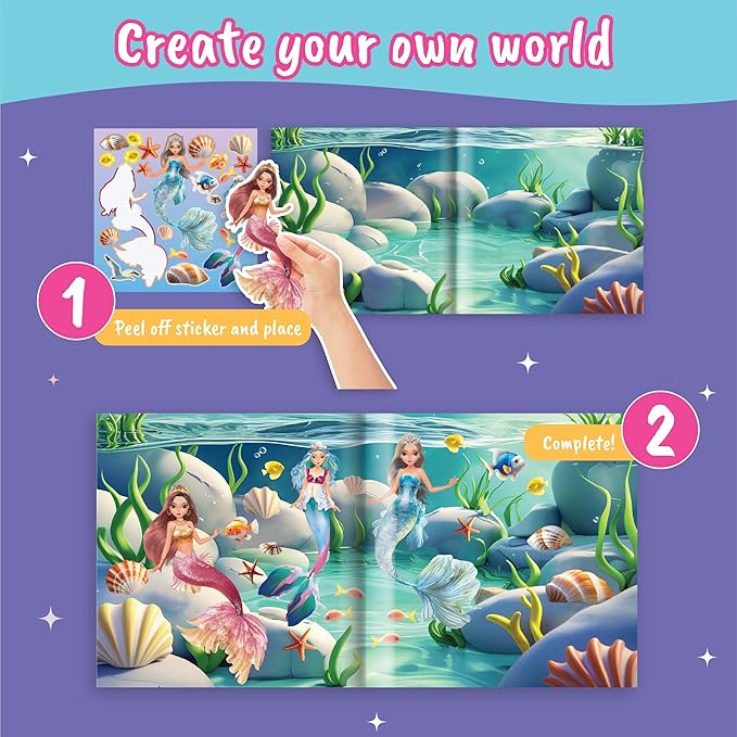 BSCOOL Mermaid Kingdom Reusable Sticker Book, 100+ Stickers, Underwater Fantasy Activity Book - Mermaid Sticker Dress Up for Girls Ages 4-6. Airplane Stickers Book for Toddlers. Christmas Gift