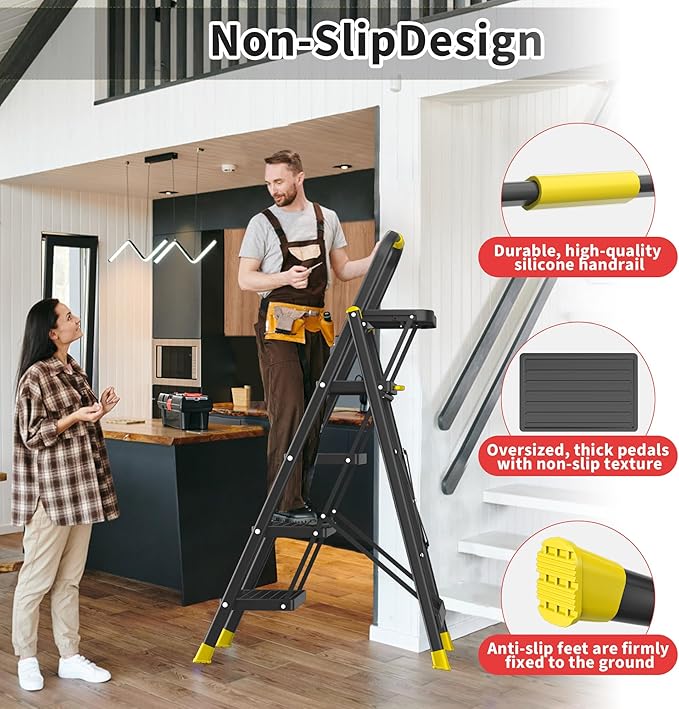 4 Step Foldable Step Ladder with Mutifunctional Tool Tray, Platform Ladders Stepstools, Step Stool 4 Step Folding with Non-Slip Pedals, 800lbs Bearing Capacity for Adults, Home, Kitchen, Black Yellow