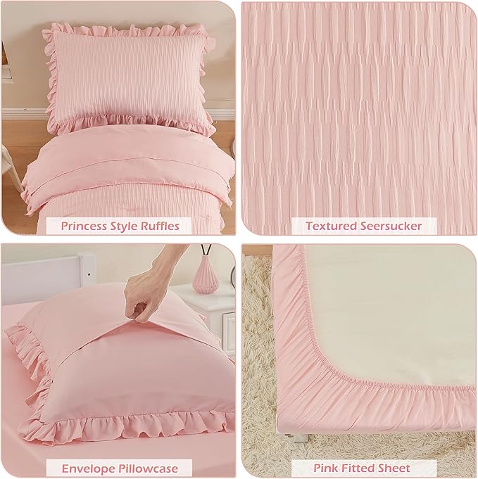 Cozyholy 4 Piece Textured Seersucker Toddler Bedding Set Girls Crib Sheets Set Pink Ruffle Baby Bed Comforter Set Lightweight Bed in a Bag | Include Comforter, Flat Sheet, Fitted Sheet, Pillowcase