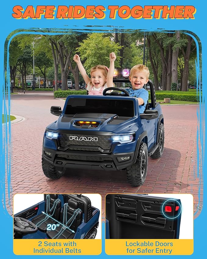 ENYOPRO 24 Volt Ride on Toys for Boys, Licensed RAM 1500 RHO 2 Seater Electric Car w/Remote Control, Kids Electric Vehicles w/Working Truck Tailgate, Spring Suspension, Bluetooth, LED Lights (Blue)